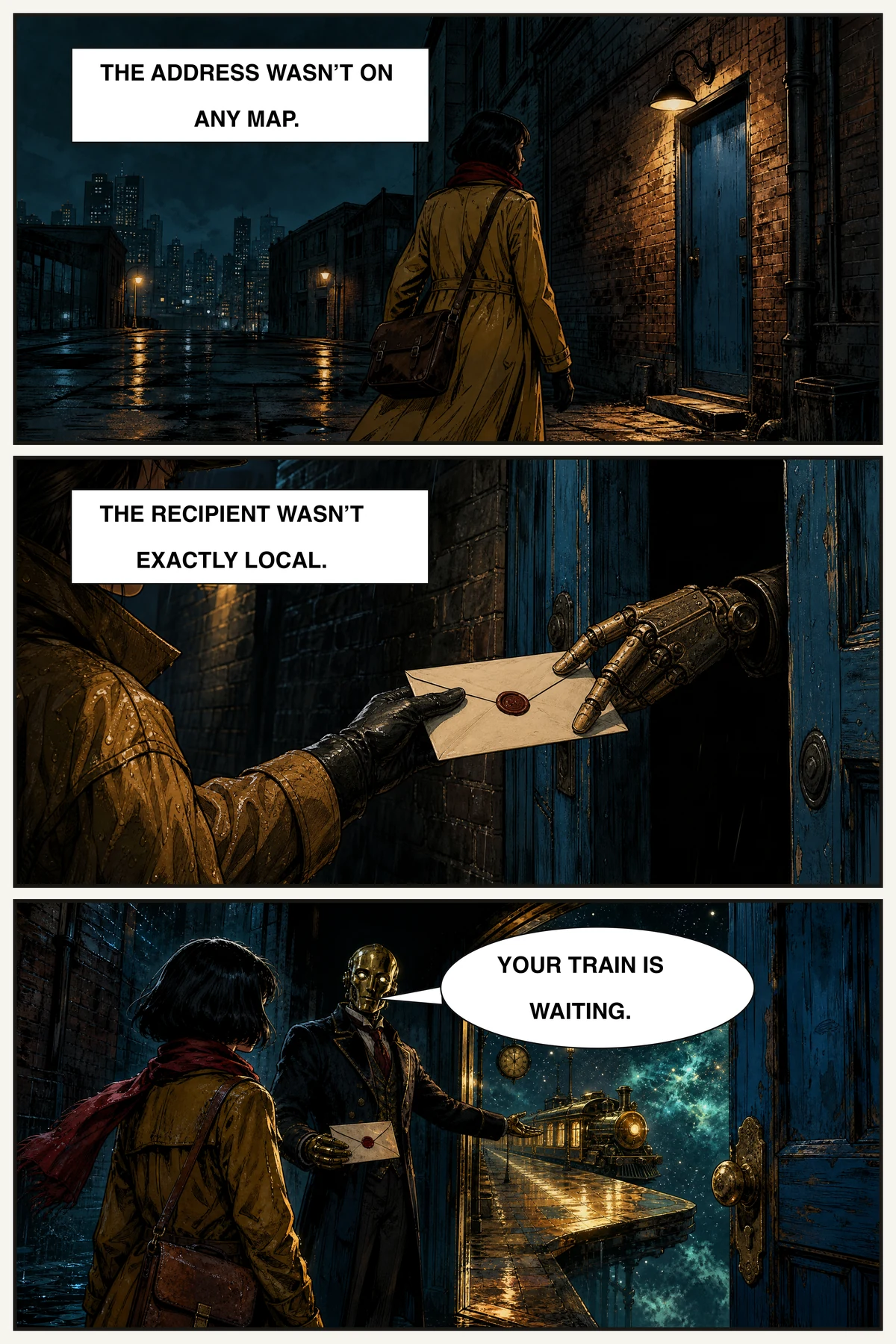 The Last Delivery: a courier delivers a letter to a brass automaton, who opens a doorway onto a cosmic railway.