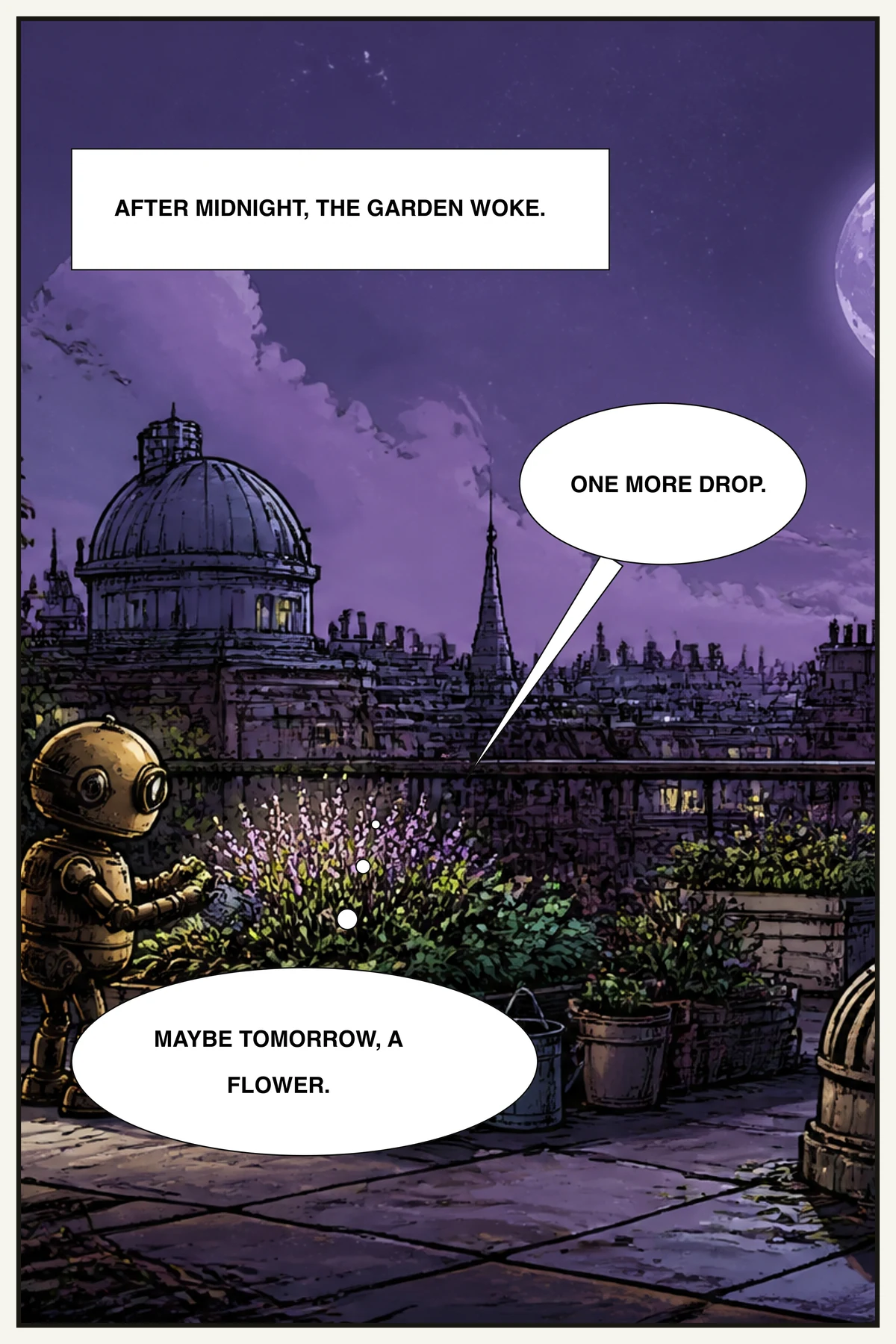 Moon Garden: a small brass robot tends a rooftop garden beneath a purple night sky, with narration, speech, and a thought bubble.
